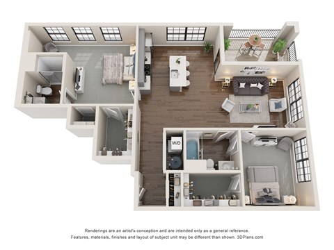 Floor plan for 2 beds, 2 baths, 1245 sqft
